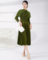 Japanese Pleats Plissé Designer Midi Dress - Luxury Capelet Mock Neck Formal Event
